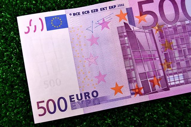 bankovka 500 euro na trávníku